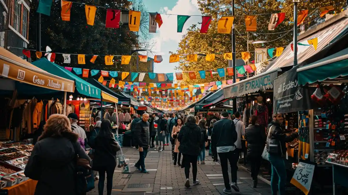 11.11 AliExpress, outdoor market with shoppers and banners