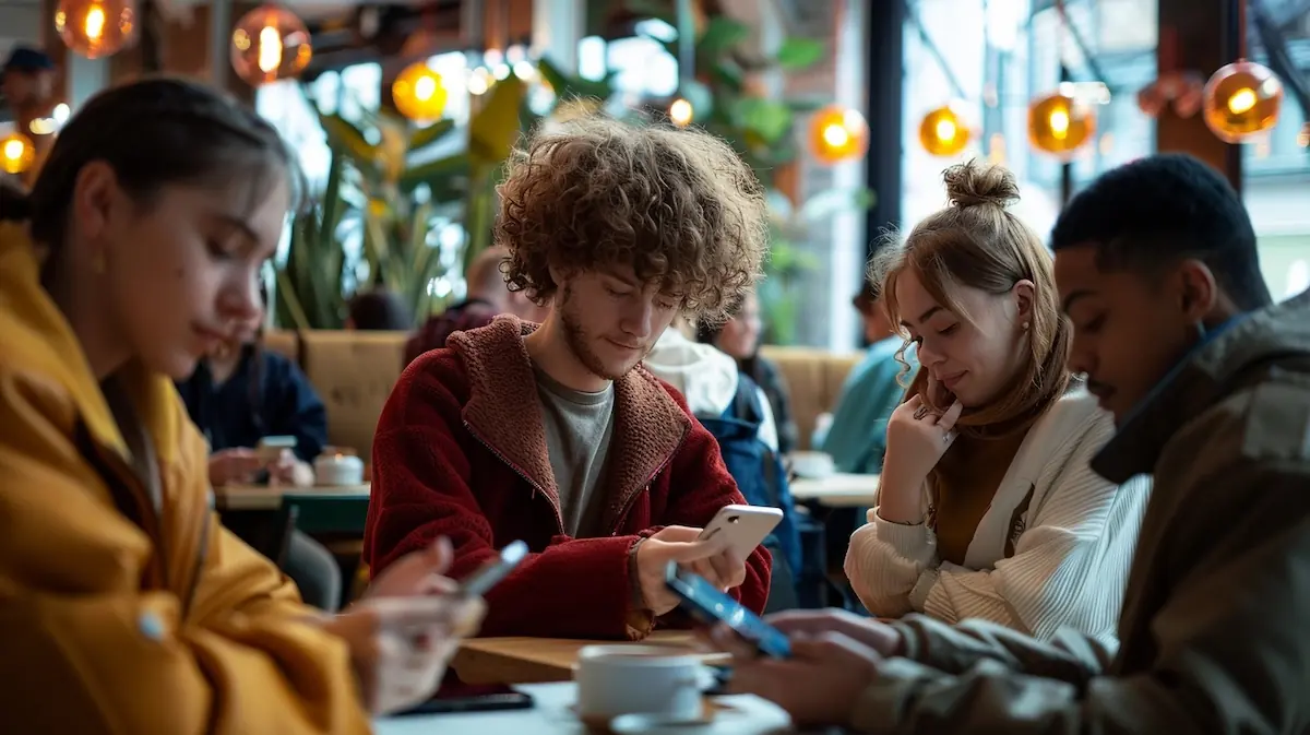 AliExpress App, group of friends using smartphones in modern cafe