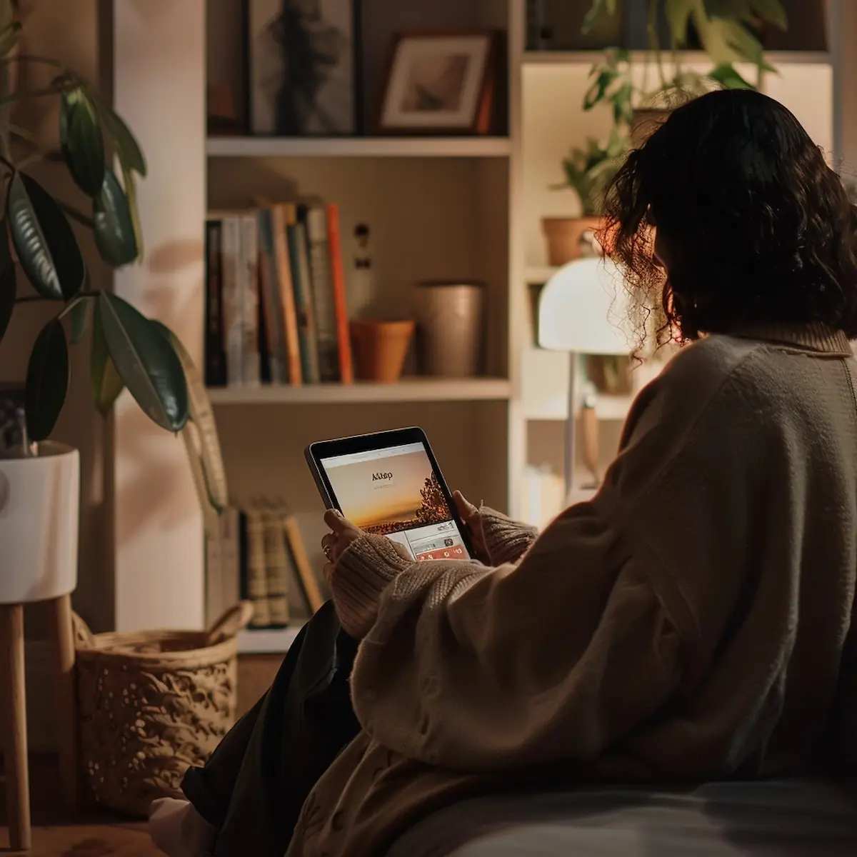 AliExpress App, person using tablet in cozy living room