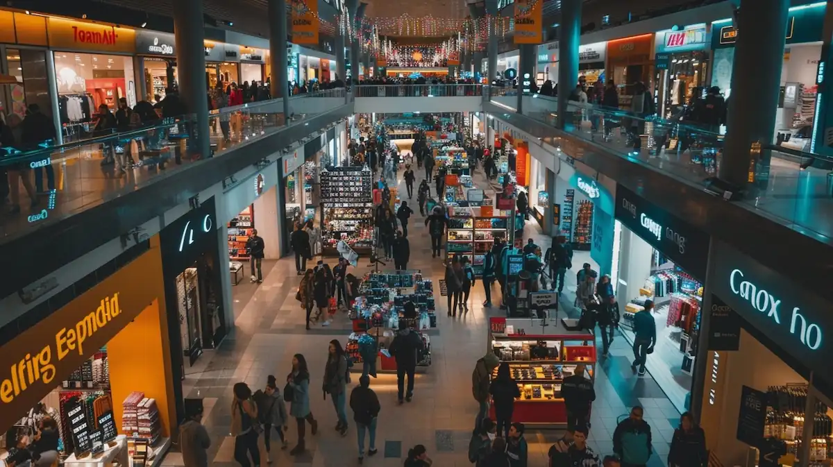 AliExpress Black Friday, crowded mall with shoppers and sale banners