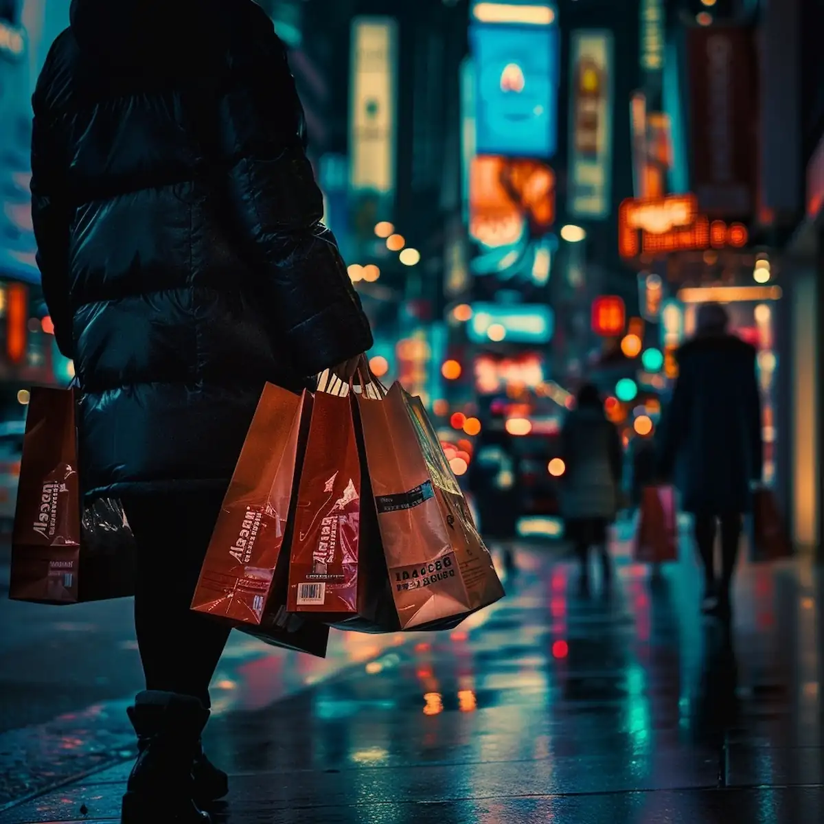 AliExpress Black Friday, hands holding shopping bags in bustling city
