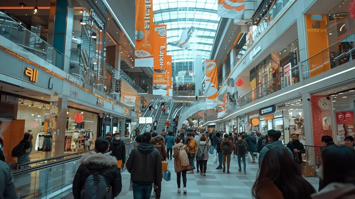 AliExpress Choice Day, shoppers in decorated mall with deals