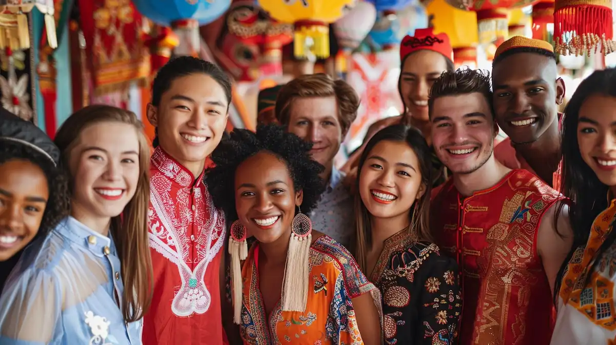 AliExpress countries, diverse group in traditional attire with cultural decorations