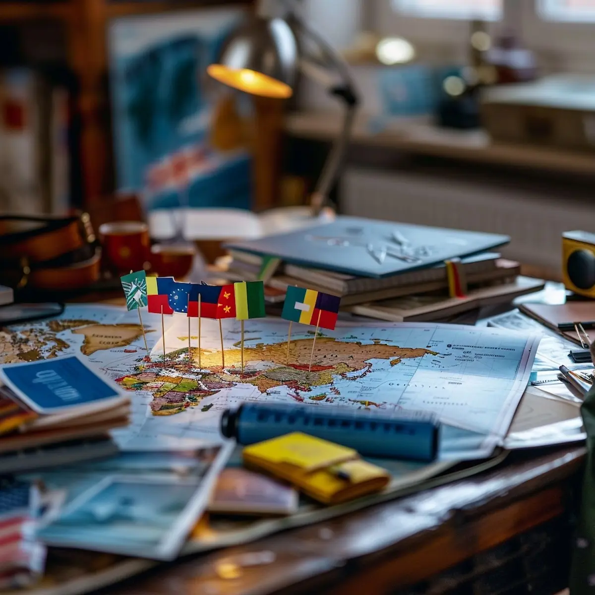 AliExpress countries, map with flags and travel guides on desk