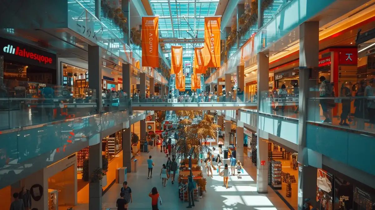 AliExpress discounts, shoppers in a mall with discount banners