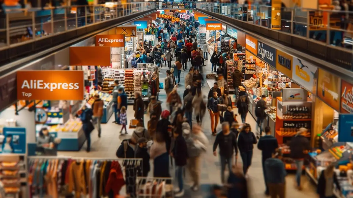 AliExpress top deals, bustling marketplace with shoppers and deals