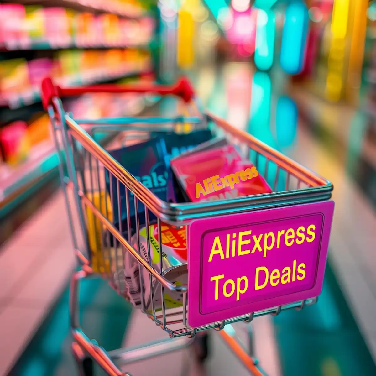 AliExpress top deals, shopping cart with discounted items in store aisle