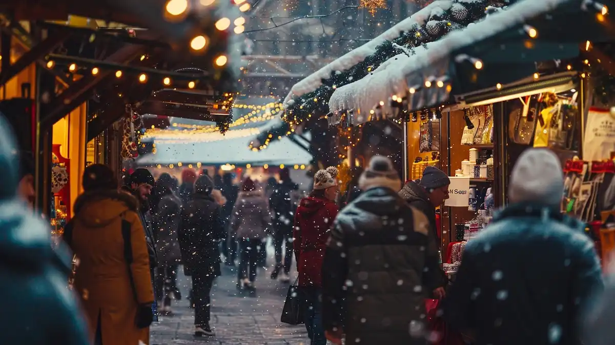 AliExpress Winter Sale, festive winter market with shoppers and decorations