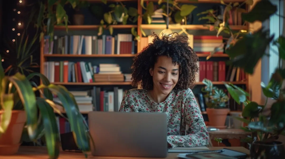 How to sign up for AliExpress, person smiling at laptop in home office