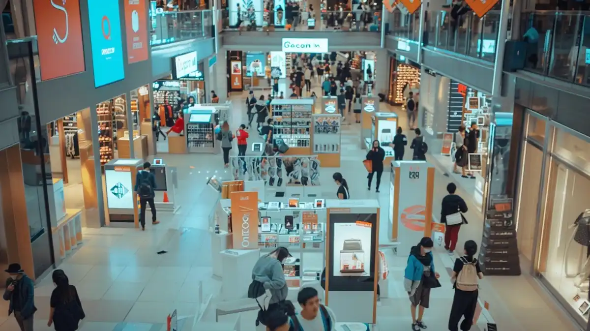 AliExpress Brand Week, shoppers exploring brand kiosks and deals