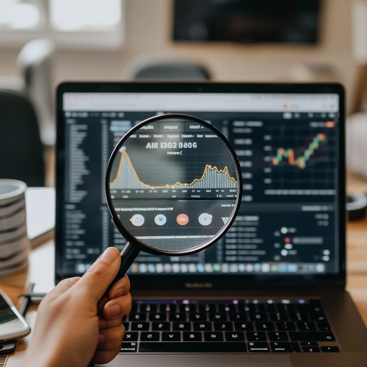 AliExpress price, hand holding magnifying glass over laptop screen with prices