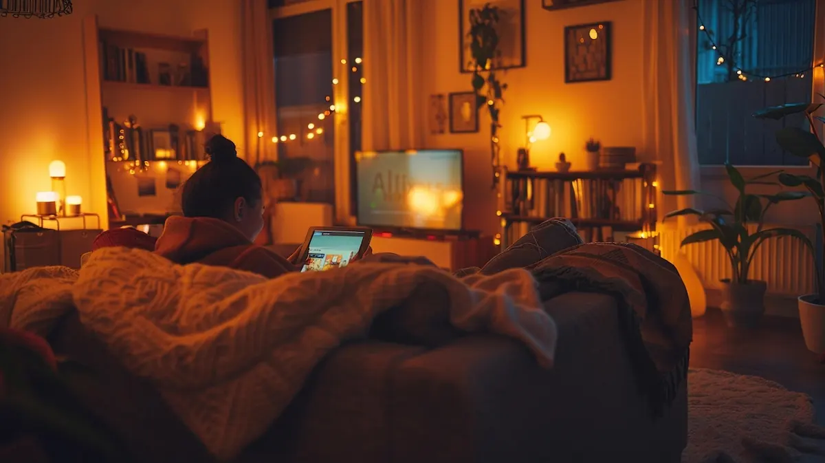 Download AliExpress app, person on couch downloading app on tablet
