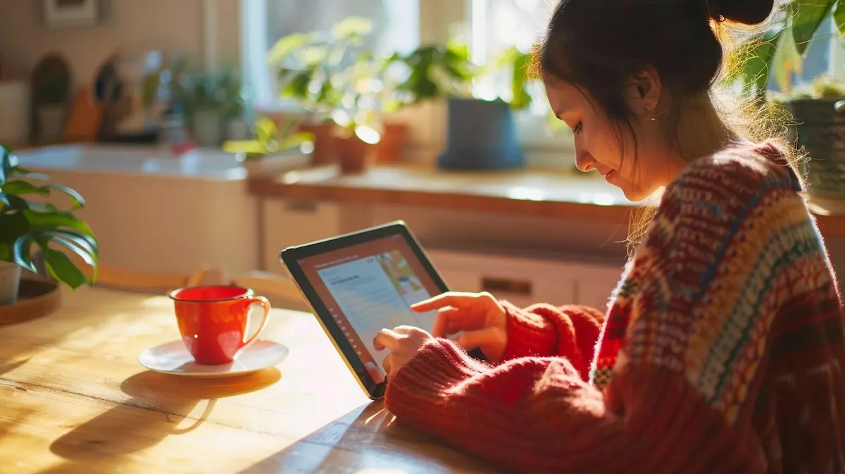 Install AliExpress app, person installing app on tablet at kitchen table