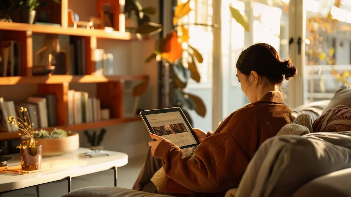AliExpress app navigation, person exploring app on tablet in modern living room