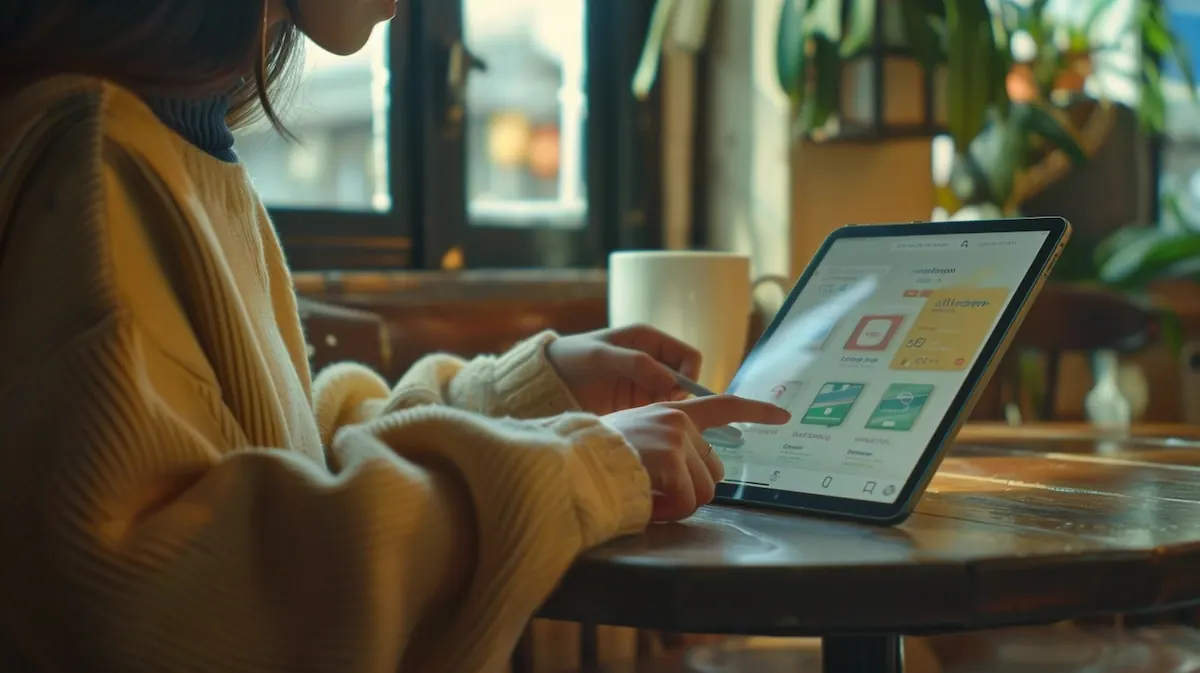 AliExpress app search, person searching for products on tablet in café