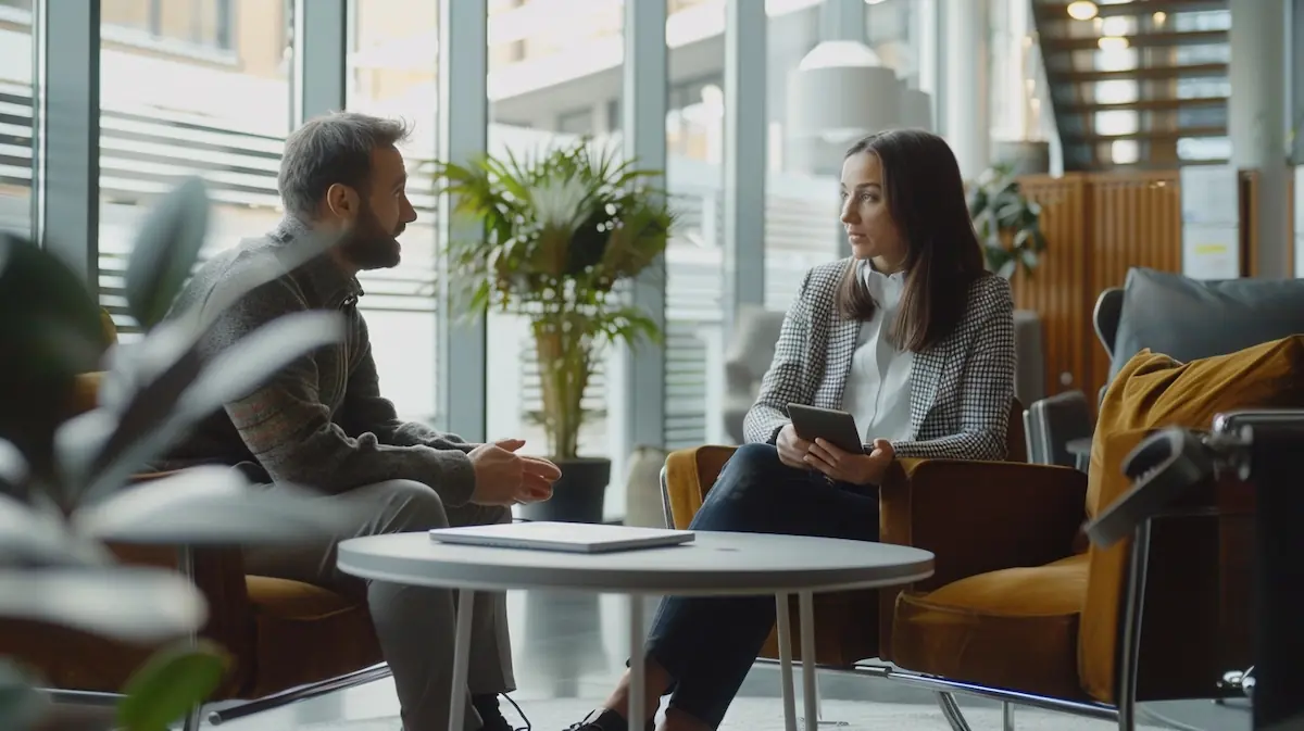 AliExpress security tips, discussing security measures in a modern office