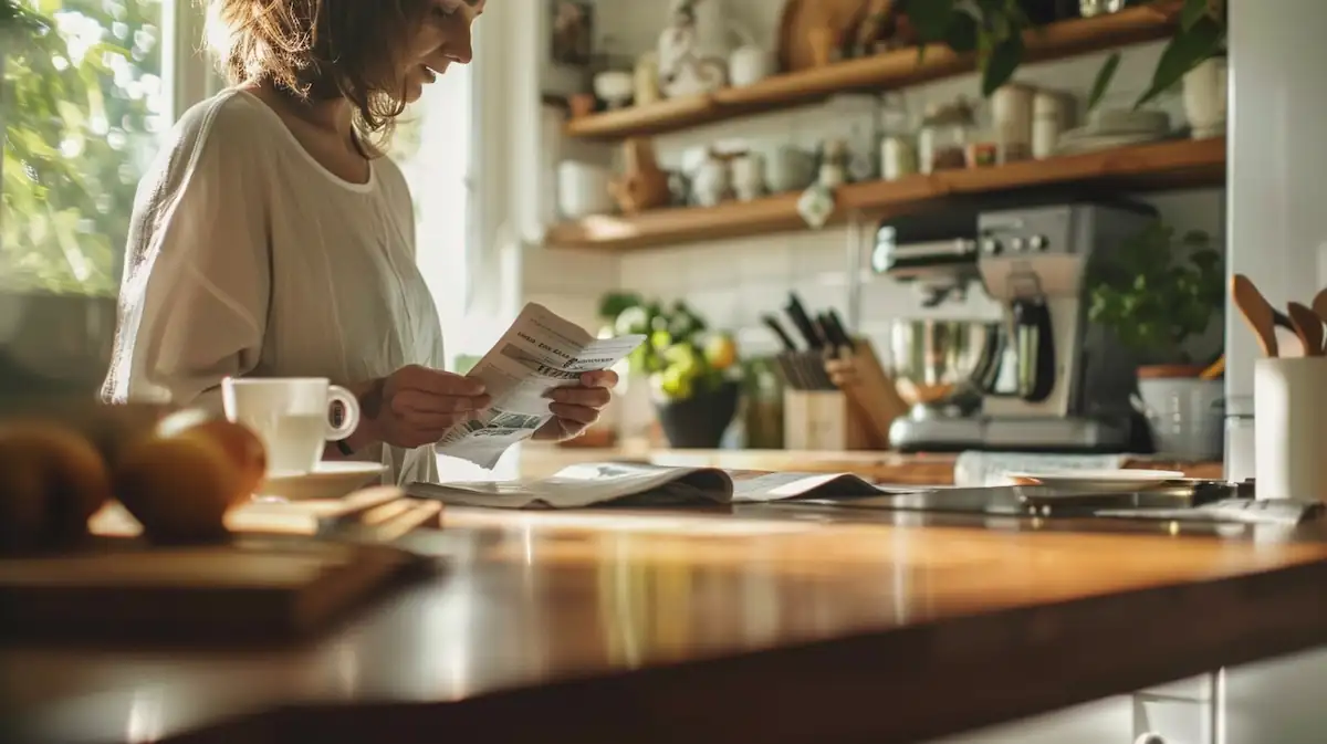 Select payment method AliExpress, reviewing payment methods in a relaxed kitchen setting